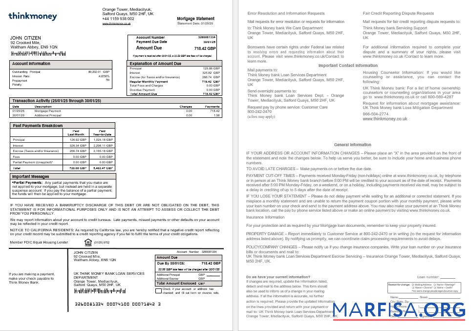 Printable United Kingdom Think Money bank mortgage statement in Word and PDF formats real example